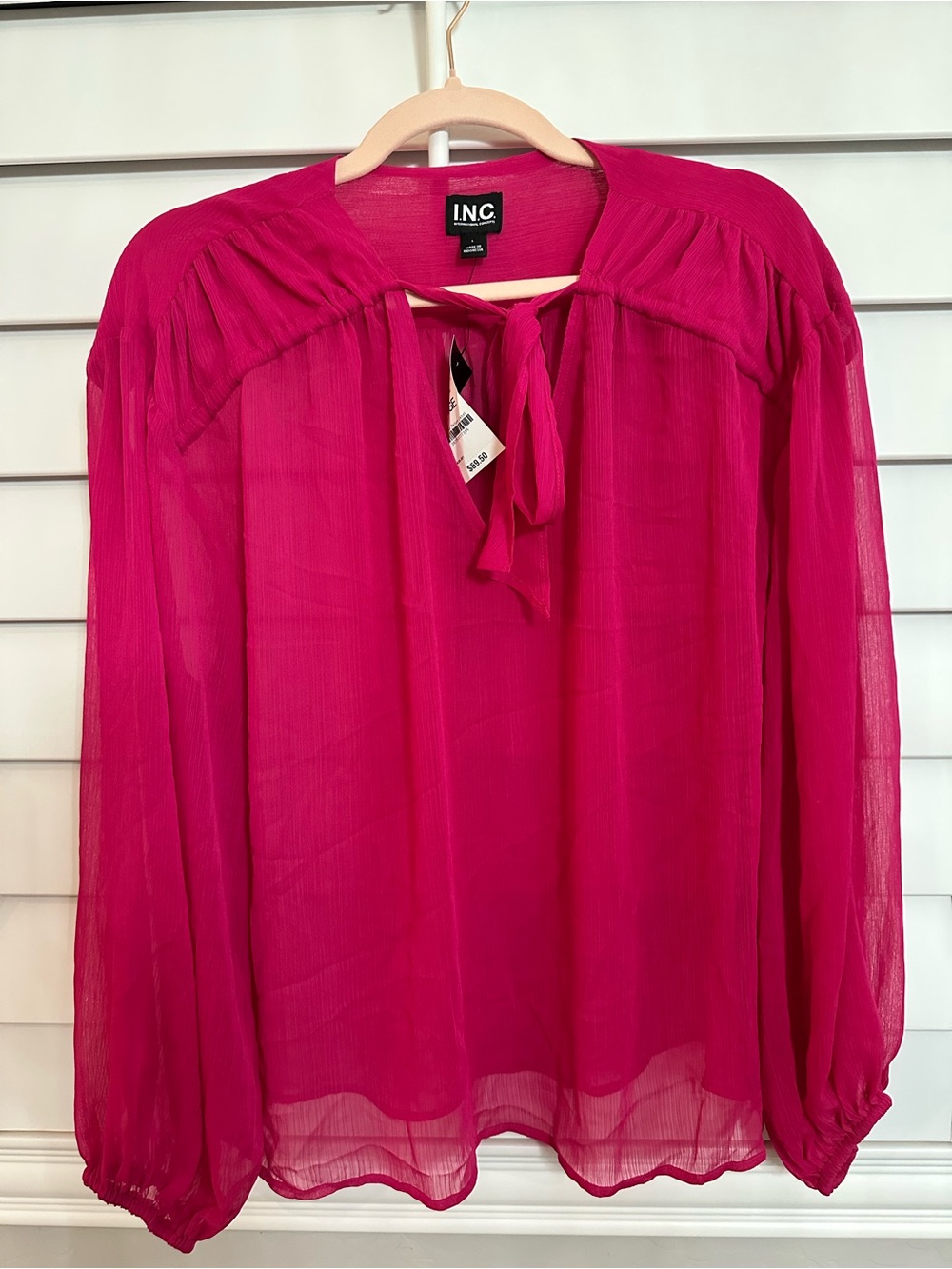 Bundle 4/$25 INC International Concepts Hot Pink Tie-Neck Sheer Blouse - Picture 2 of 5